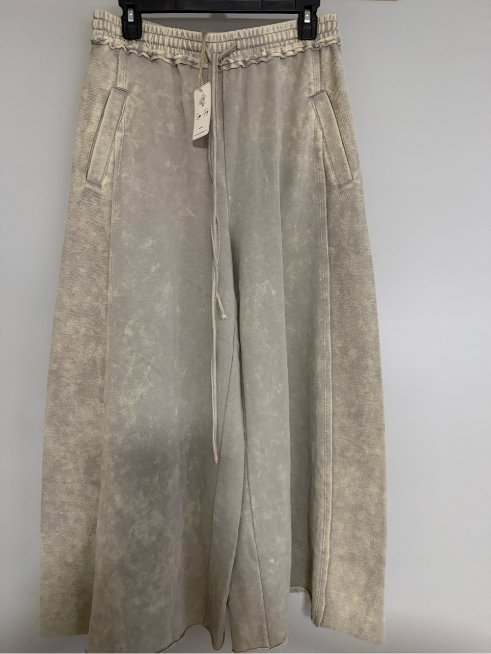 Wide-Leg Drawstring Pants in Washed Light Beige